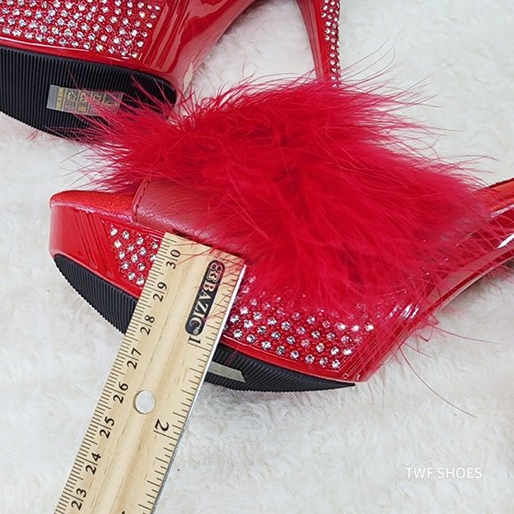 Your Majesty Red Marabou Feather Rhinestone Platform Slip On Slides - Picture 3 of 10